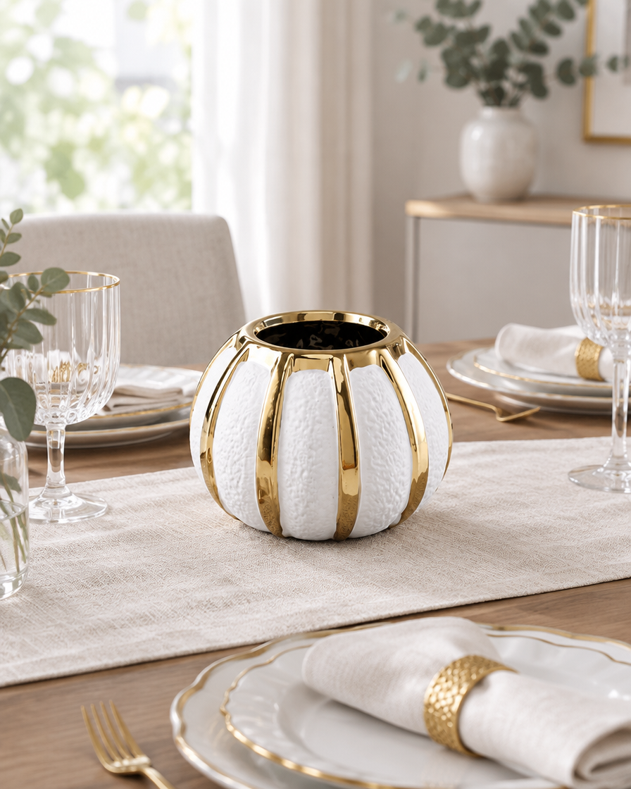 White Pumpkin Vase with Gold Stripes on a dining table