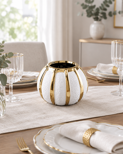 White Pumpkin Vase with Gold Stripes on a dining table