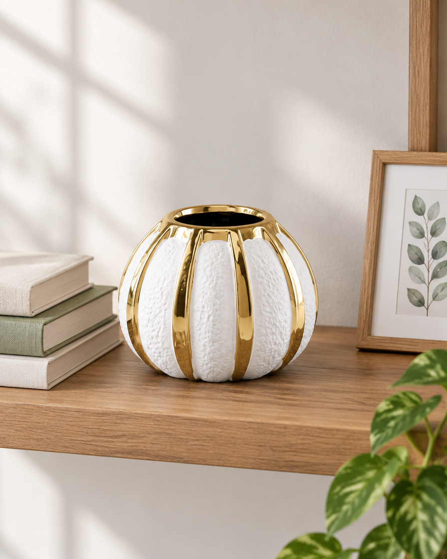 White Pumpkin Vase with Gold Stripes on a wooden shelf