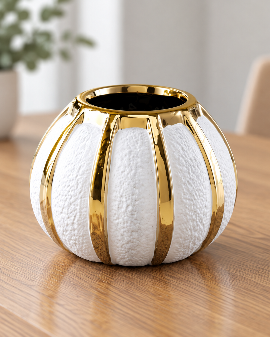 Close-up of the finish of the white pumpkin vase with gold stripes