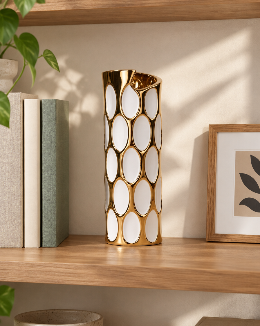 White Ceramic Vase with Gold Honeycomb Pattern on a wooden shelf