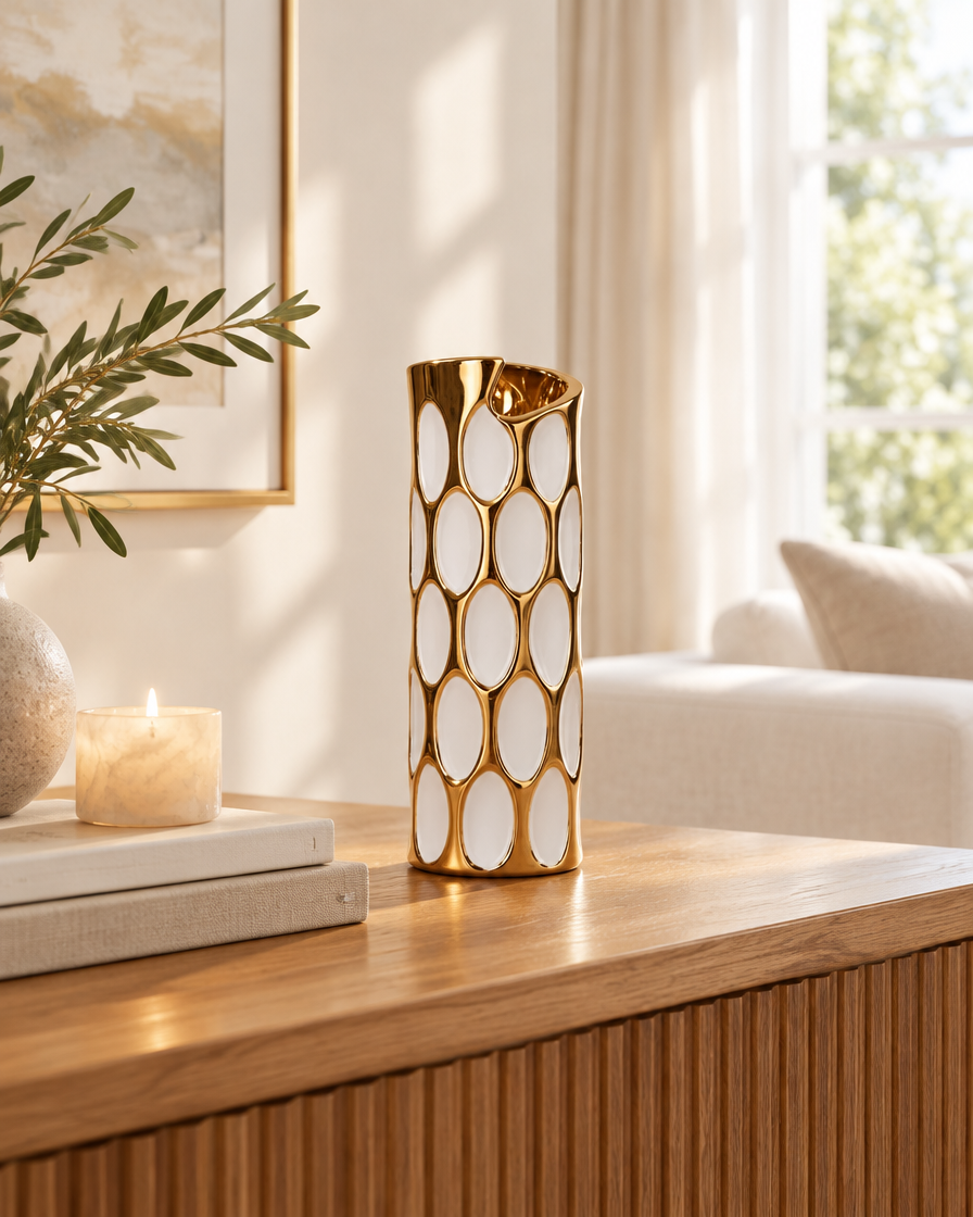 White Ceramic Vase with Gold Honeycomb Pattern on a console table