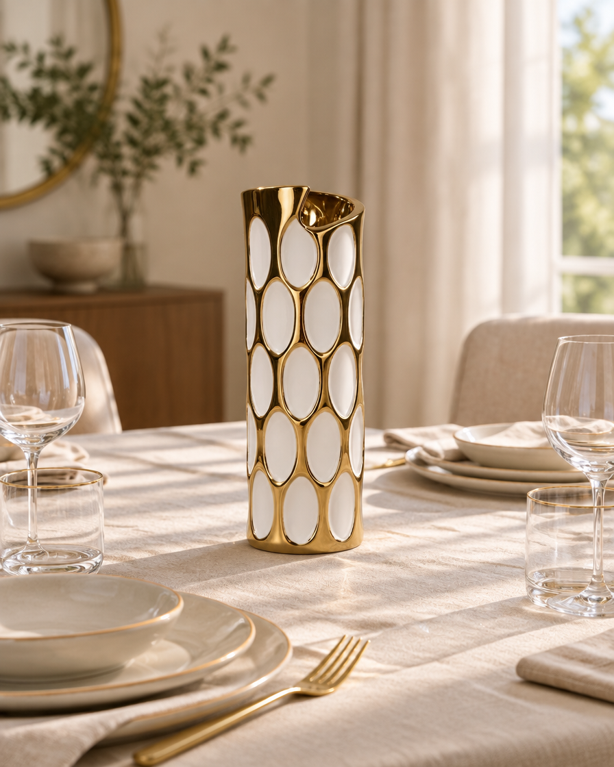 White Ceramic Vase with Gold Honeycomb Pattern on a dining table