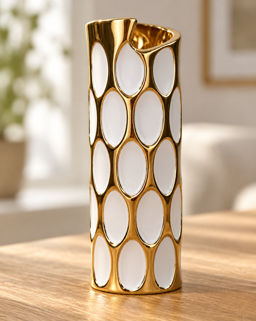 Close-up of the finish of the white ceramic vase with gold honeycomb pattern