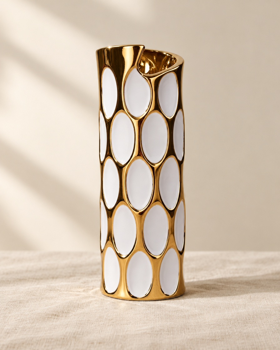White Ceramic Vase with Gold Honeycomb Pattern, shown alone on a linen background