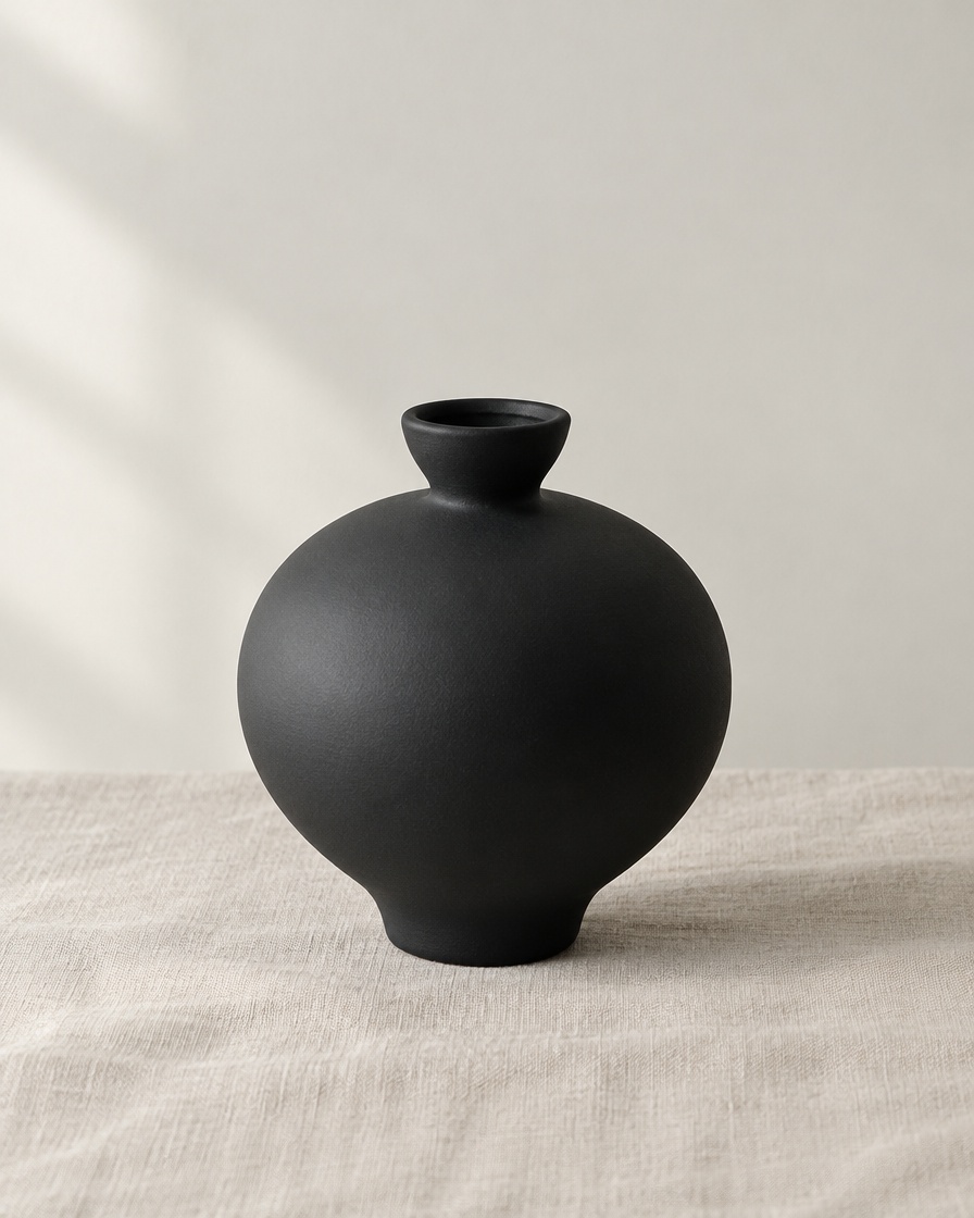 Matte Black Round Vase with Small Neck, shown alone on a linen background
