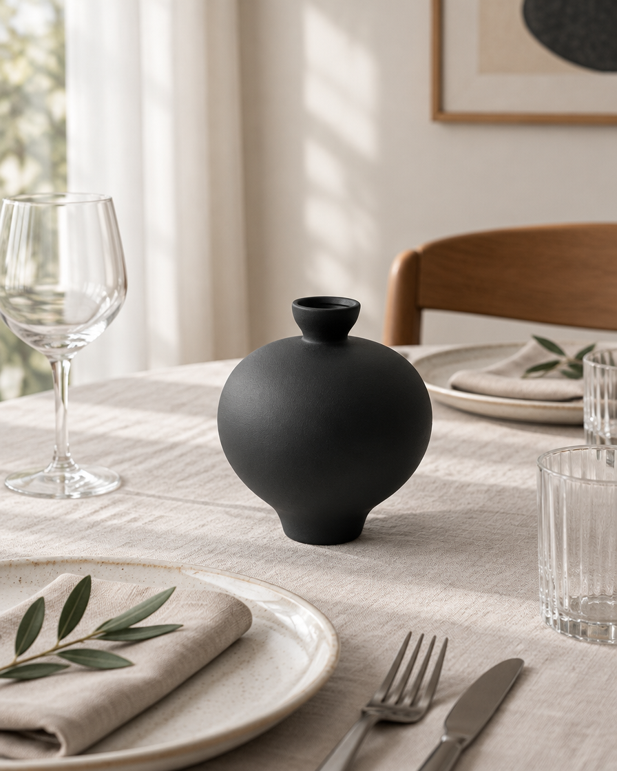 Matte Black Round Vase with Small Neck on a dining table