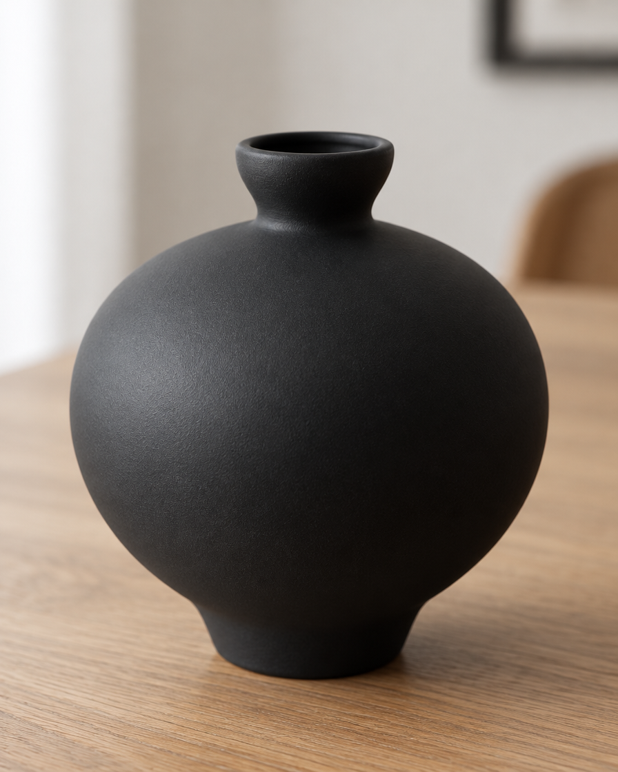 Close-up of the finish of the matte black round vase with small neck