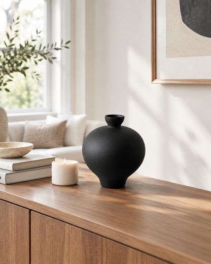 Matte Black Round Vase with Small Neck on a console table