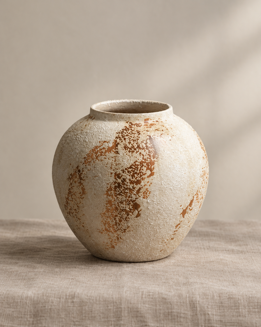 Rustic Cream Ceramic Vase with Rust-Brown Patches, shown alone on a linen background