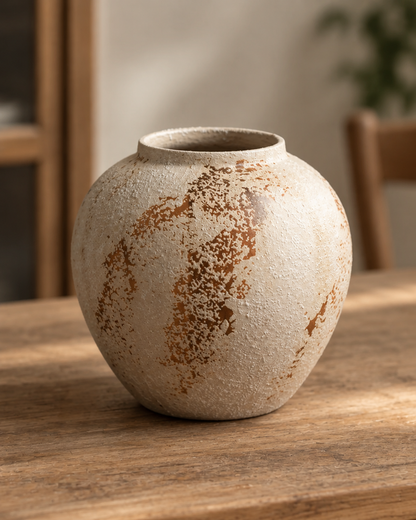 Close-up of the finish of the rustic cream ceramic vase with rust-brown patches