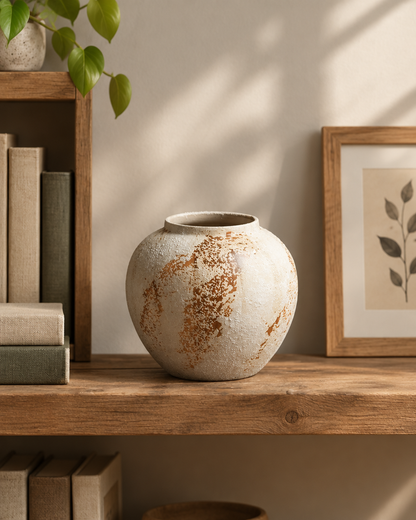 Rustic Cream Ceramic Vase with Rust-Brown Patches on a wooden shelf