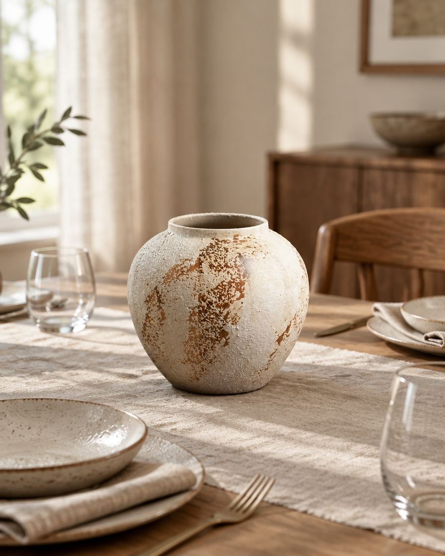 Rustic Cream Ceramic Vase with Rust-Brown Patches on a dining table