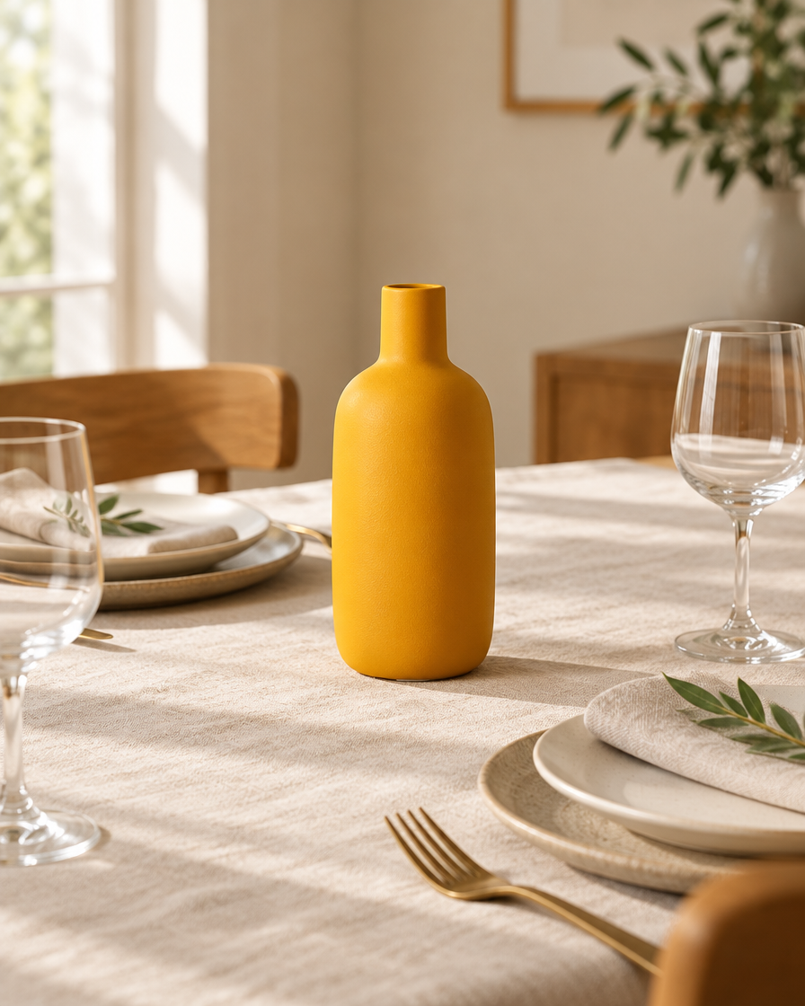 Mustard Yellow Matte Bottle Vase on a dining table