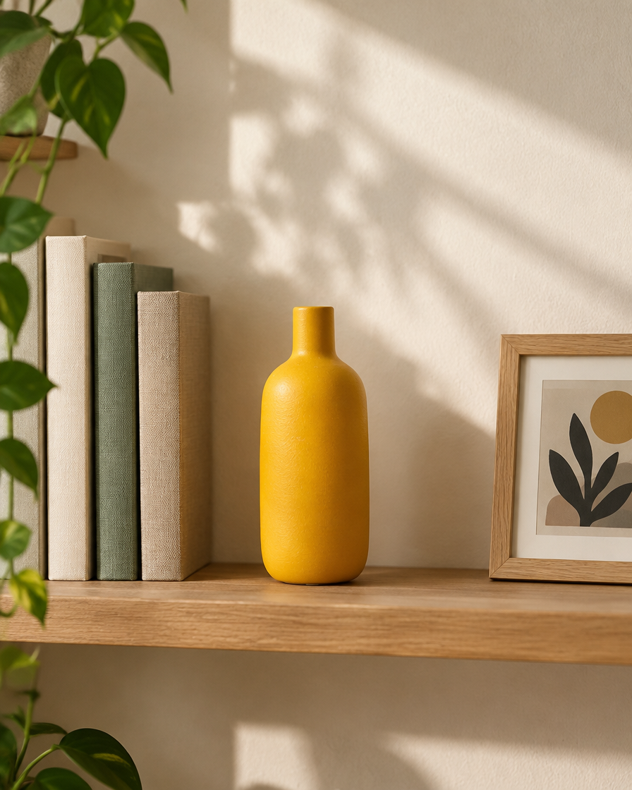 Mustard Yellow Matte Bottle Vase on a wooden shelf