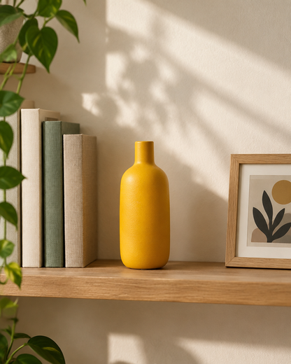 Mustard Yellow Matte Bottle Vase on a wooden shelf