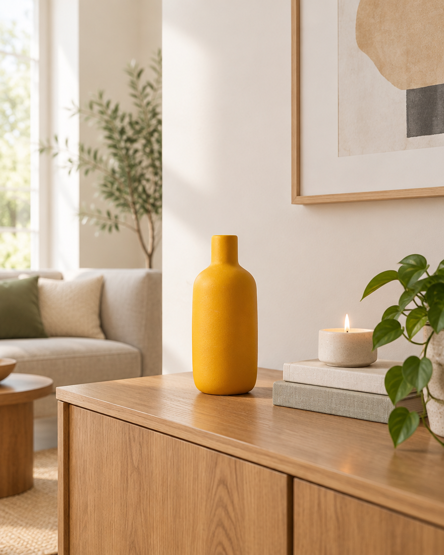 Mustard Yellow Matte Bottle Vase on a console table
