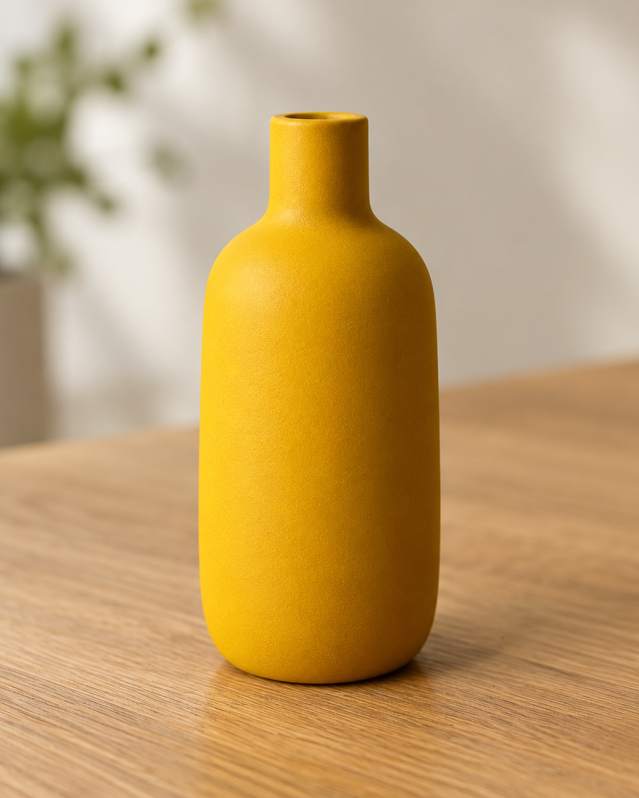 Close-up of the finish of the mustard yellow matte bottle vase