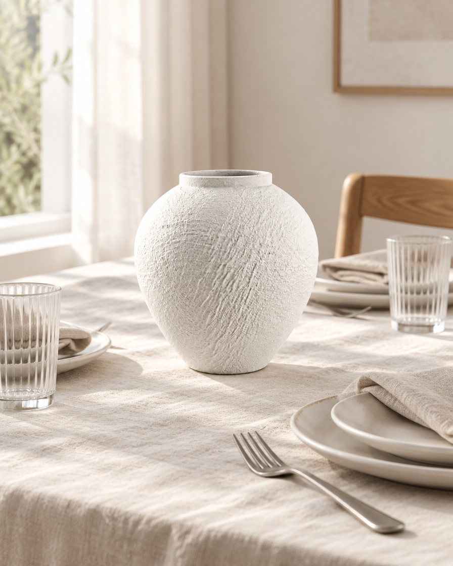 White Bark-Textured Ceramic Vase on a dining table
