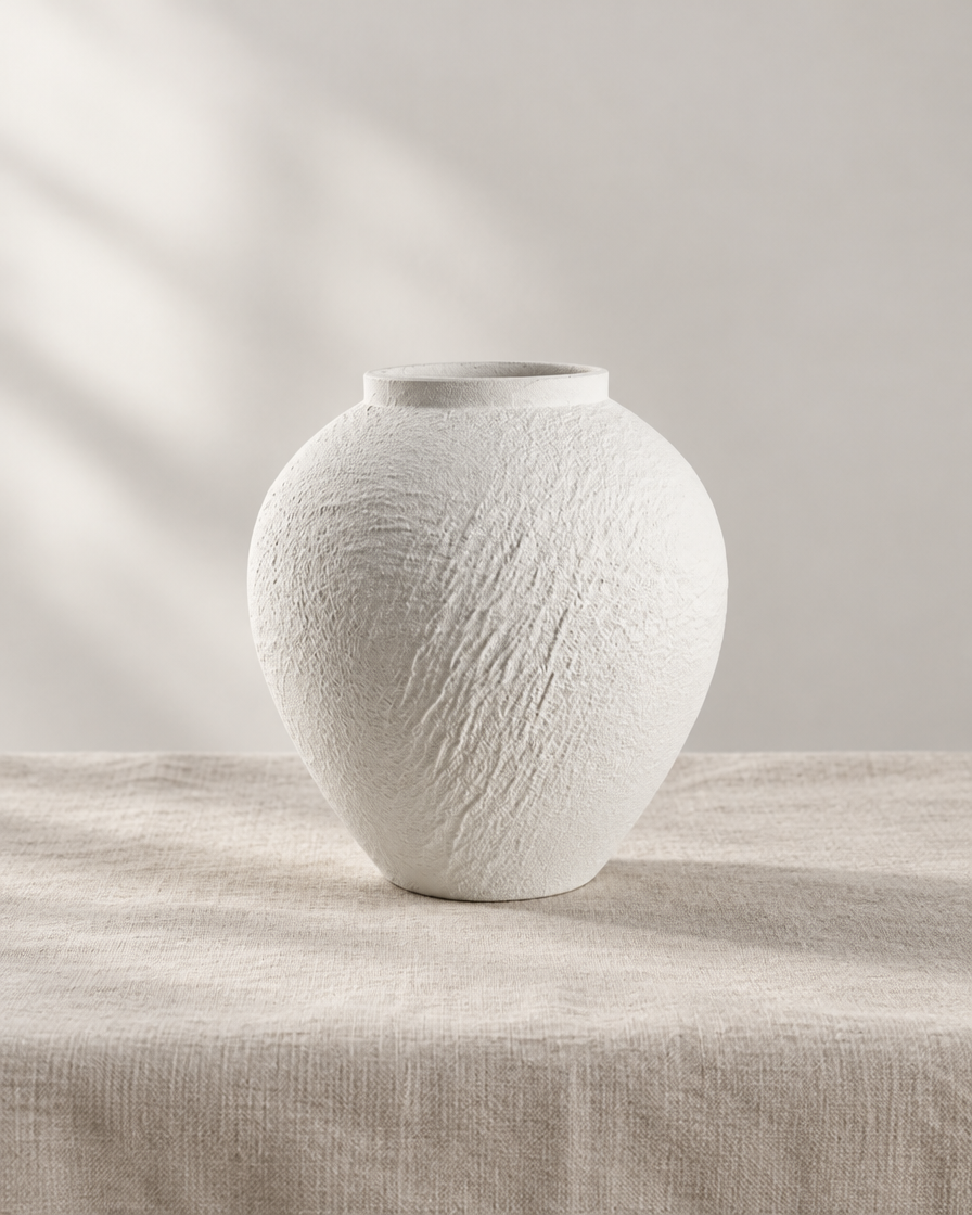 White Bark-Textured Ceramic Vase, shown alone on a linen background