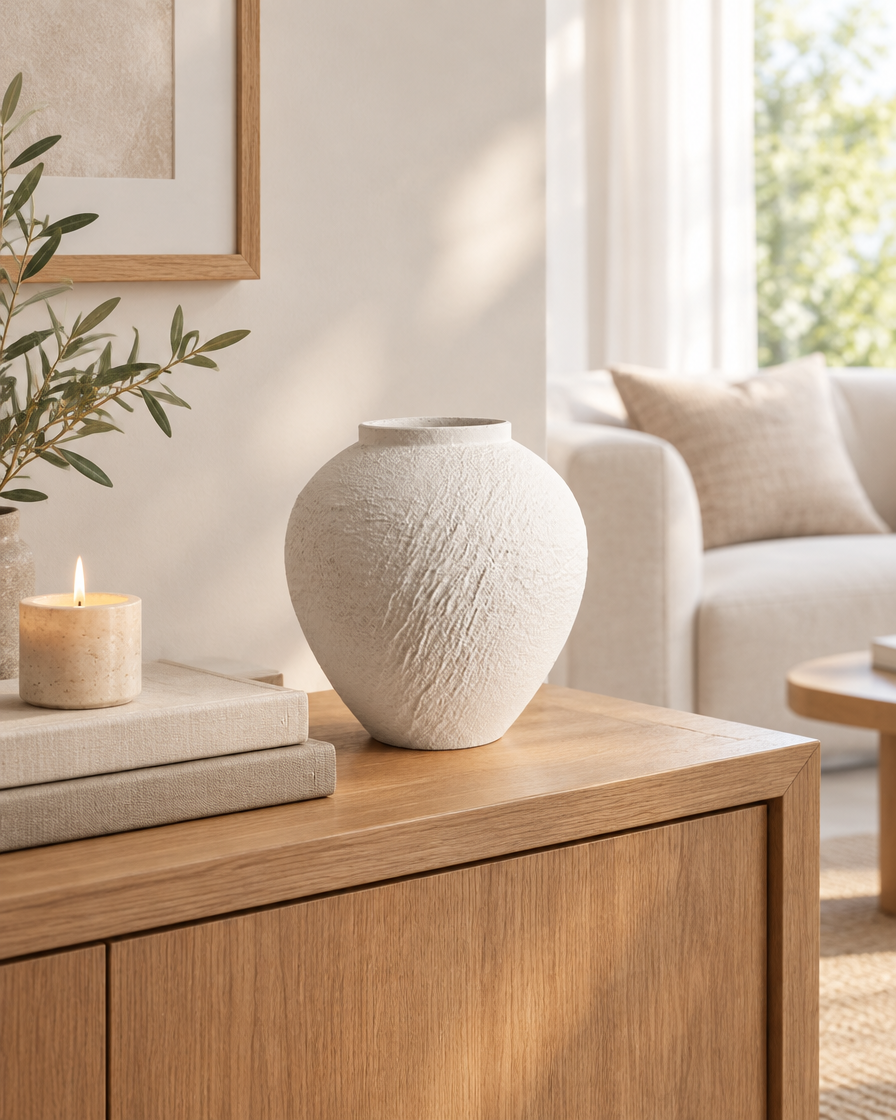 White Bark-Textured Ceramic Vase on a console table