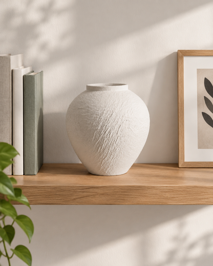 White Bark-Textured Ceramic Vase on a wooden shelf