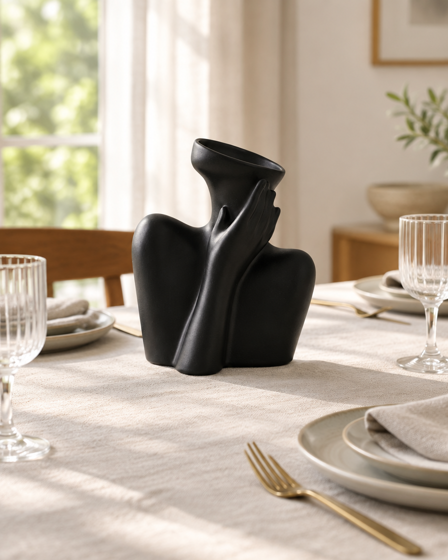 Matte Black Abstract Body Sculpture Ceramic Vase on a dining table