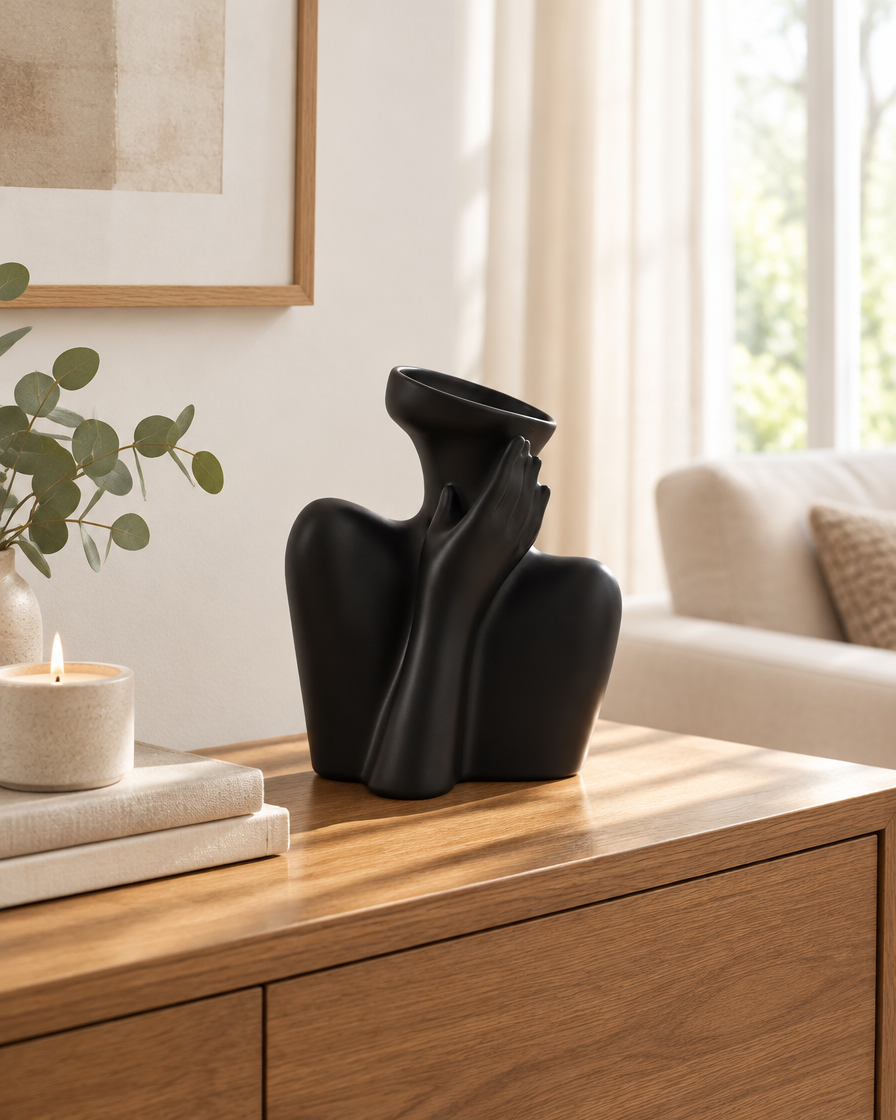 Matte Black Abstract Body Sculpture Ceramic Vase on a console table