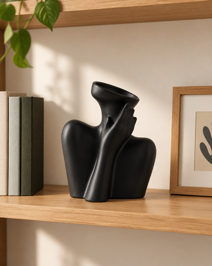 Matte Black Abstract Body Sculpture Ceramic Vase on a wooden shelf