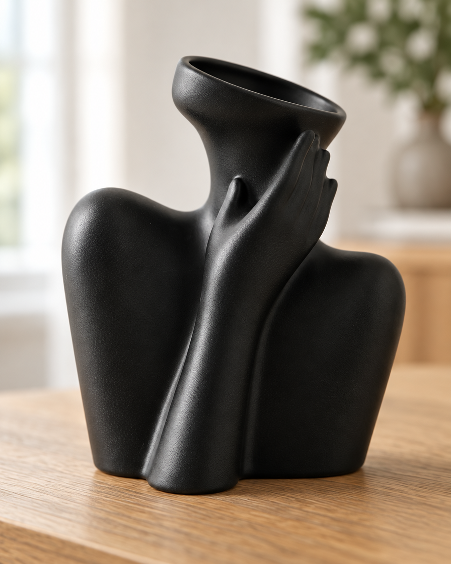 Close-up of the finish of the matte black abstract body sculpture ceramic vase