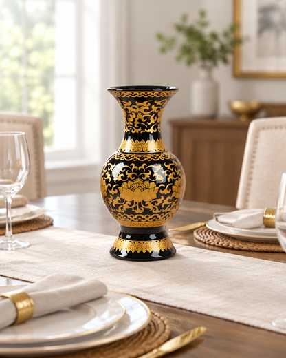 Black and Gold Lotus Ceramic Vase on a dining table