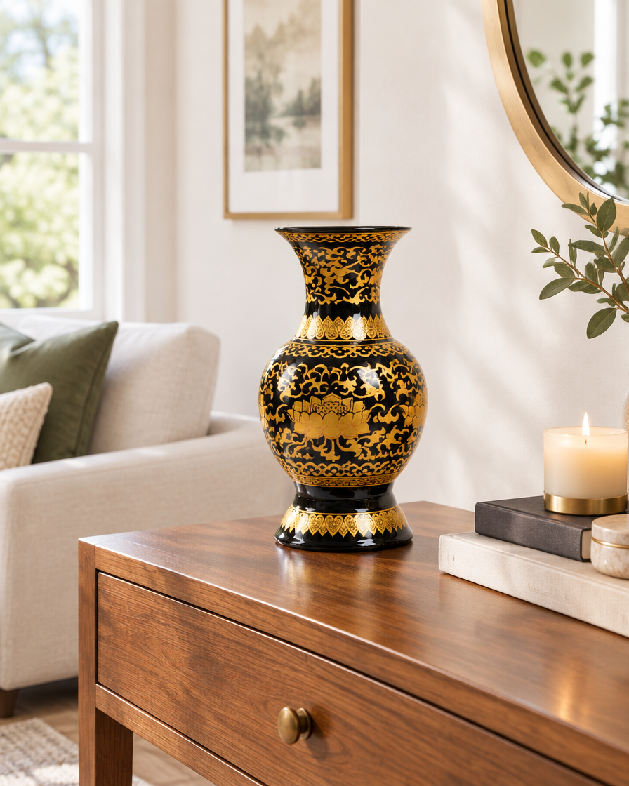 Black and Gold Lotus Ceramic Vase on a console table