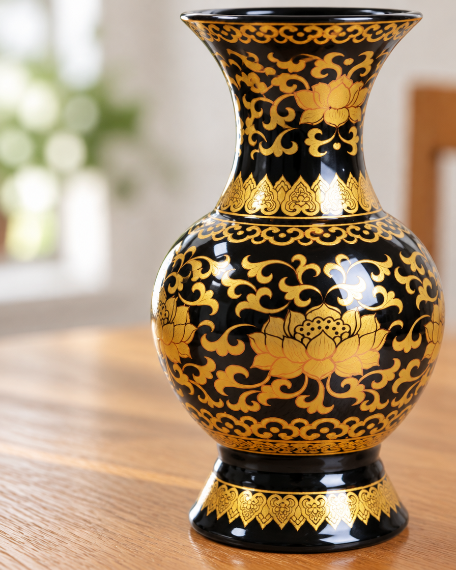 Close-up of the finish of the black and gold lotus ceramic vase