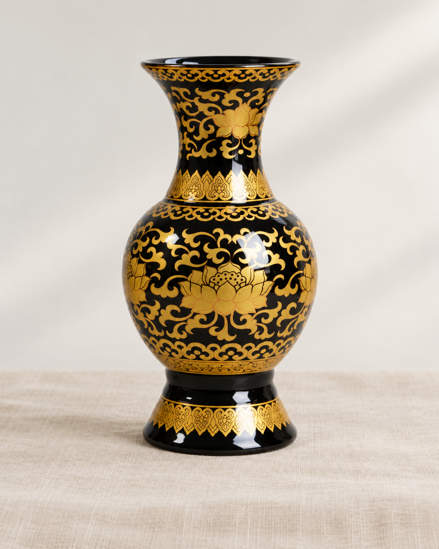 Black and Gold Lotus Ceramic Vase, shown alone on a linen background