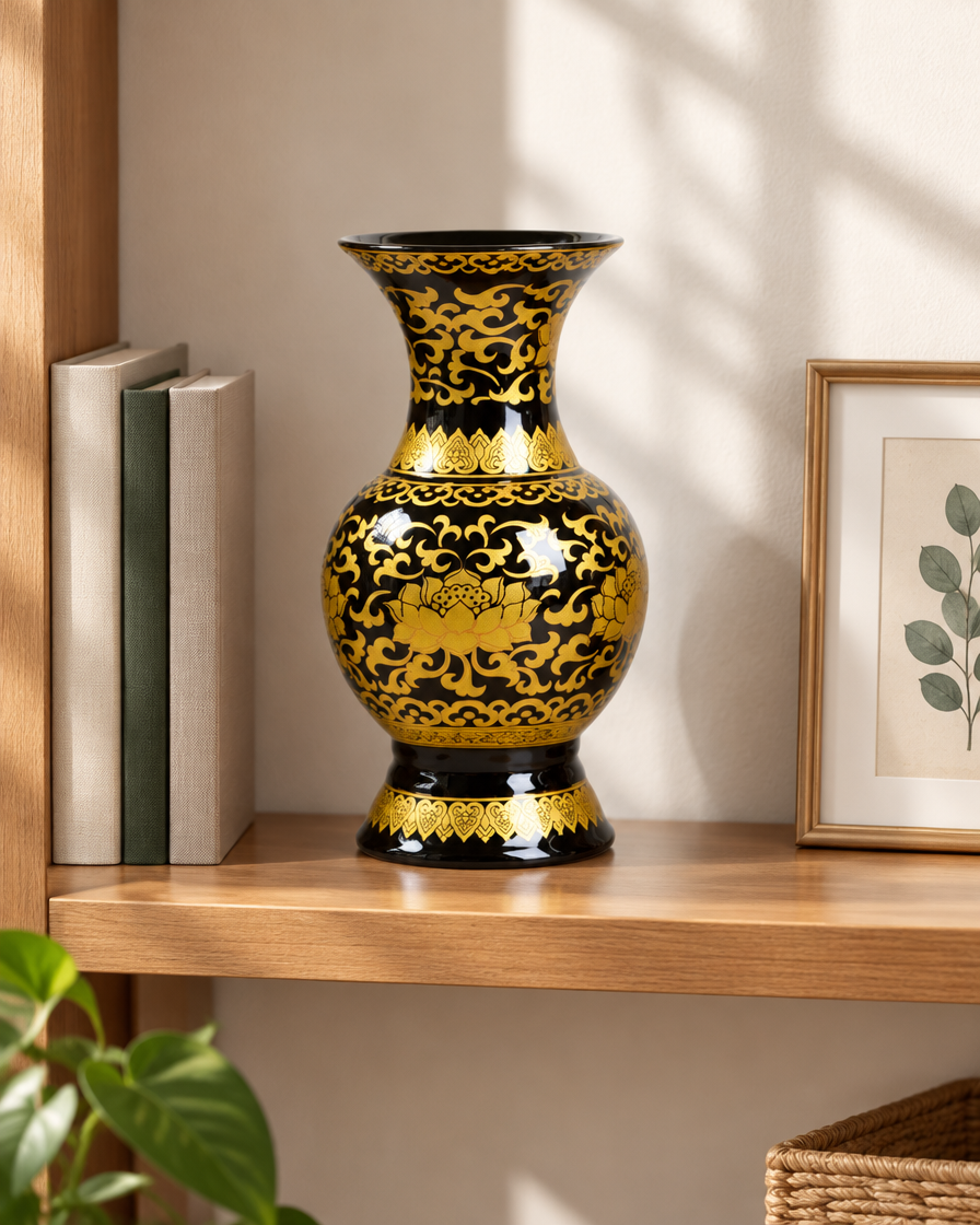 Black and Gold Lotus Ceramic Vase on a wooden shelf