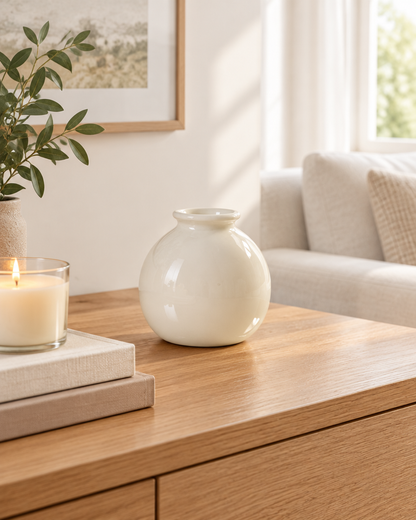 Mini Glossy Cream Round Vase on a console table