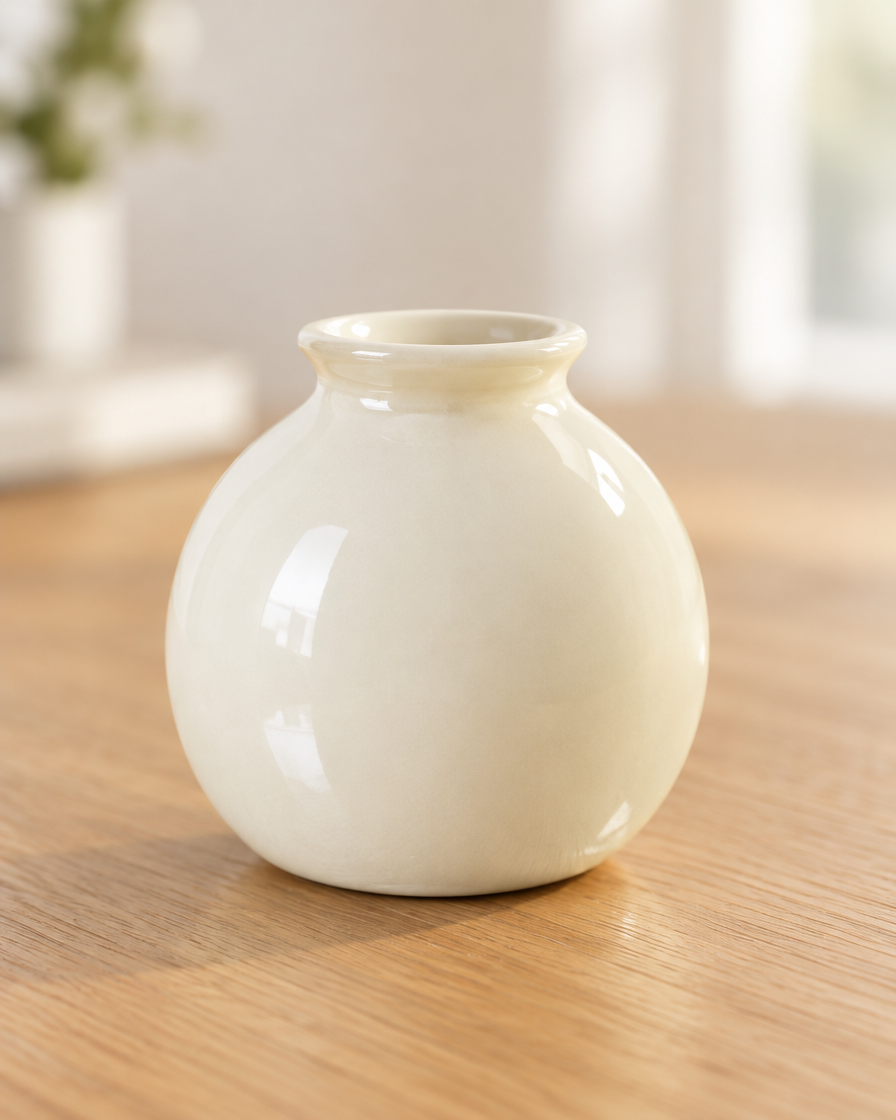 Close-up of the finish of the mini glossy cream round vase