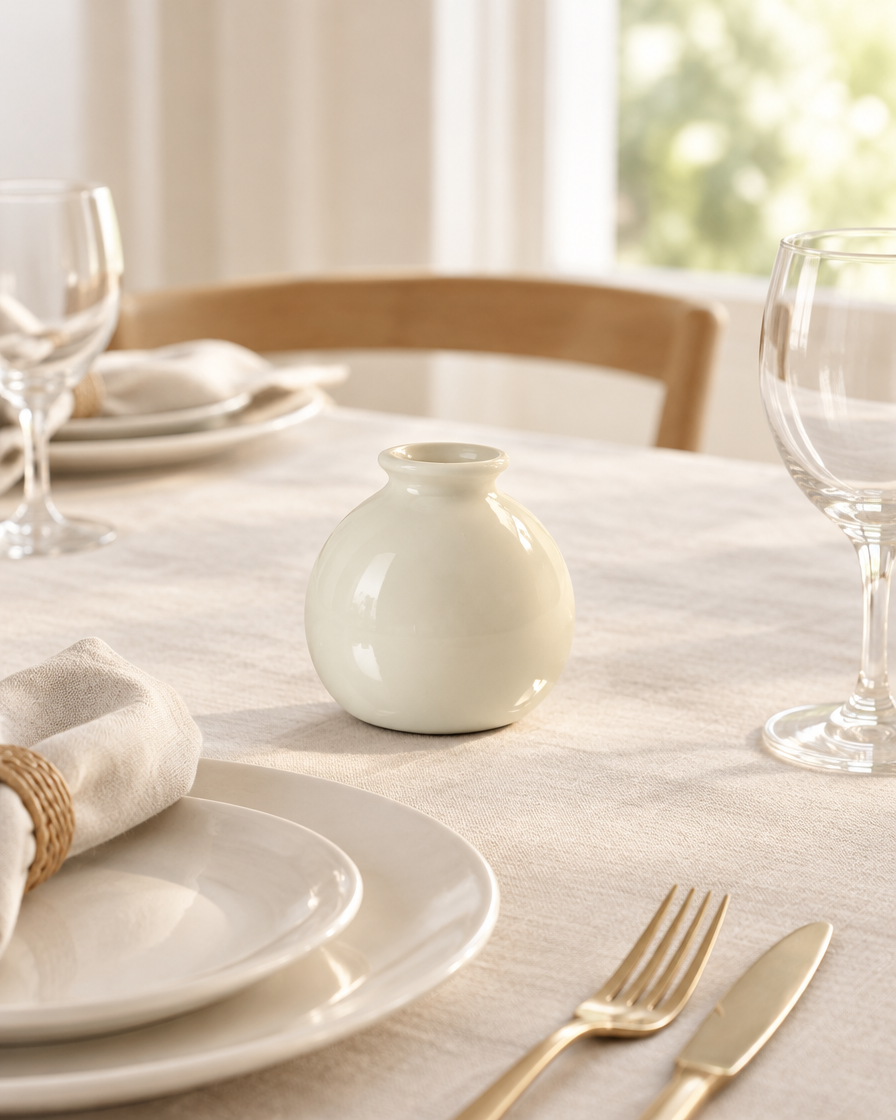 Mini Glossy Cream Round Vase on a dining table