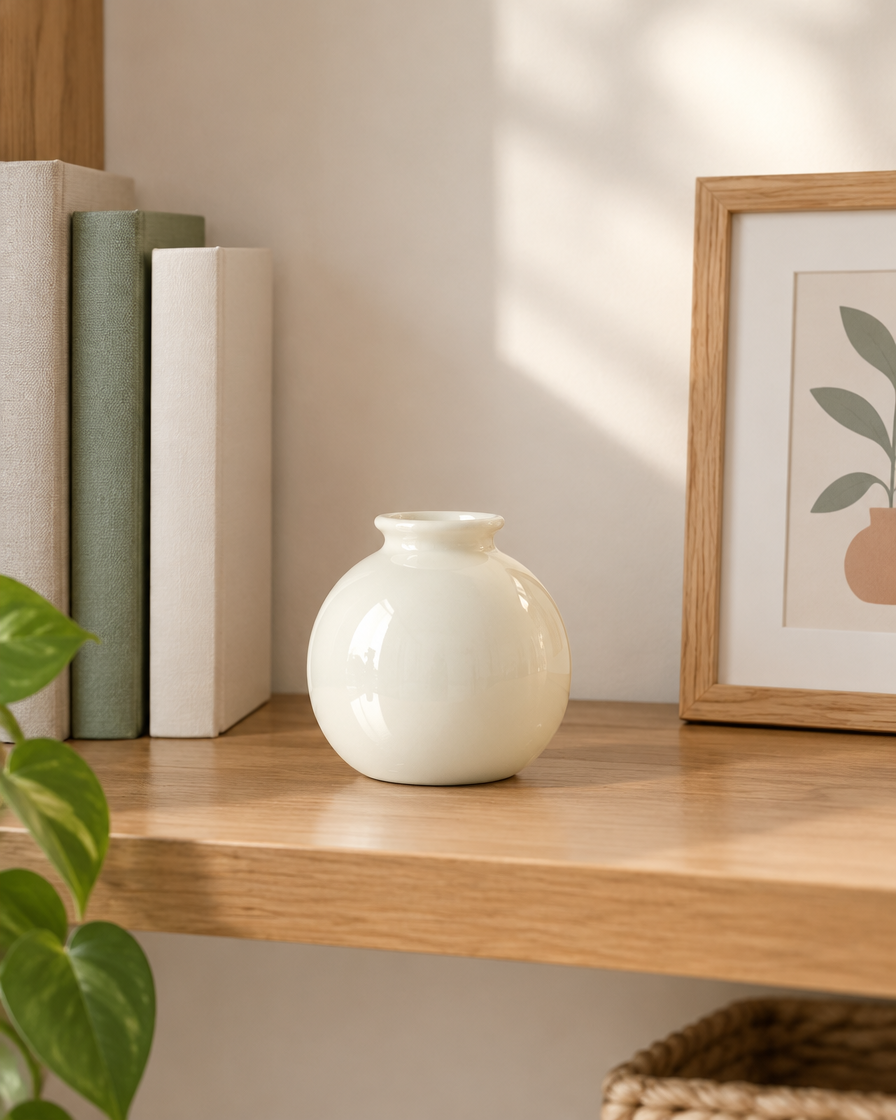 Mini Glossy Cream Round Vase on a wooden shelf