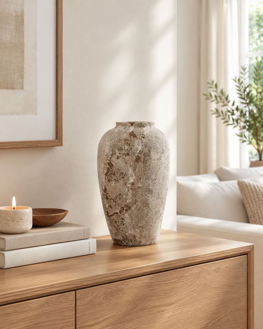 Weathered Stone-Grey Ceramic Vase on a console table