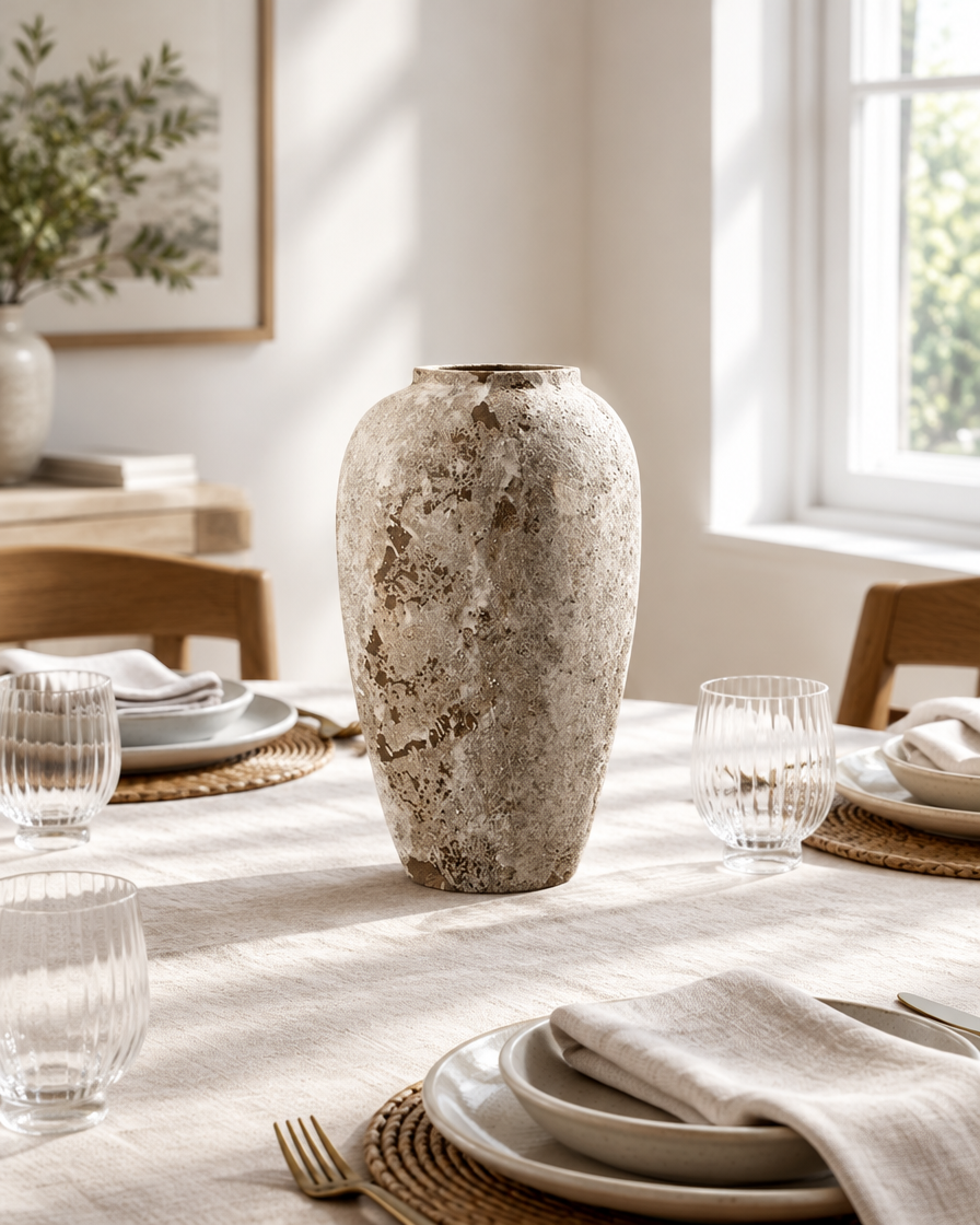 Weathered Stone-Grey Ceramic Vase on a dining table