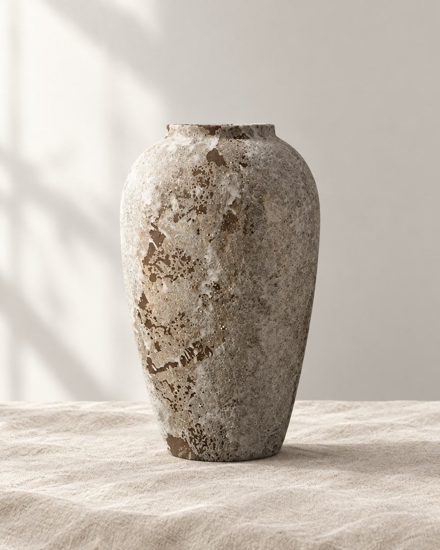 Weathered Stone-Grey Ceramic Vase, shown alone on a linen background
