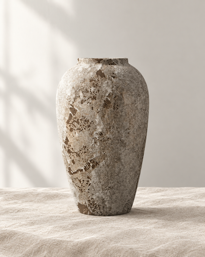 Weathered Stone-Grey Ceramic Vase, shown alone on a linen background