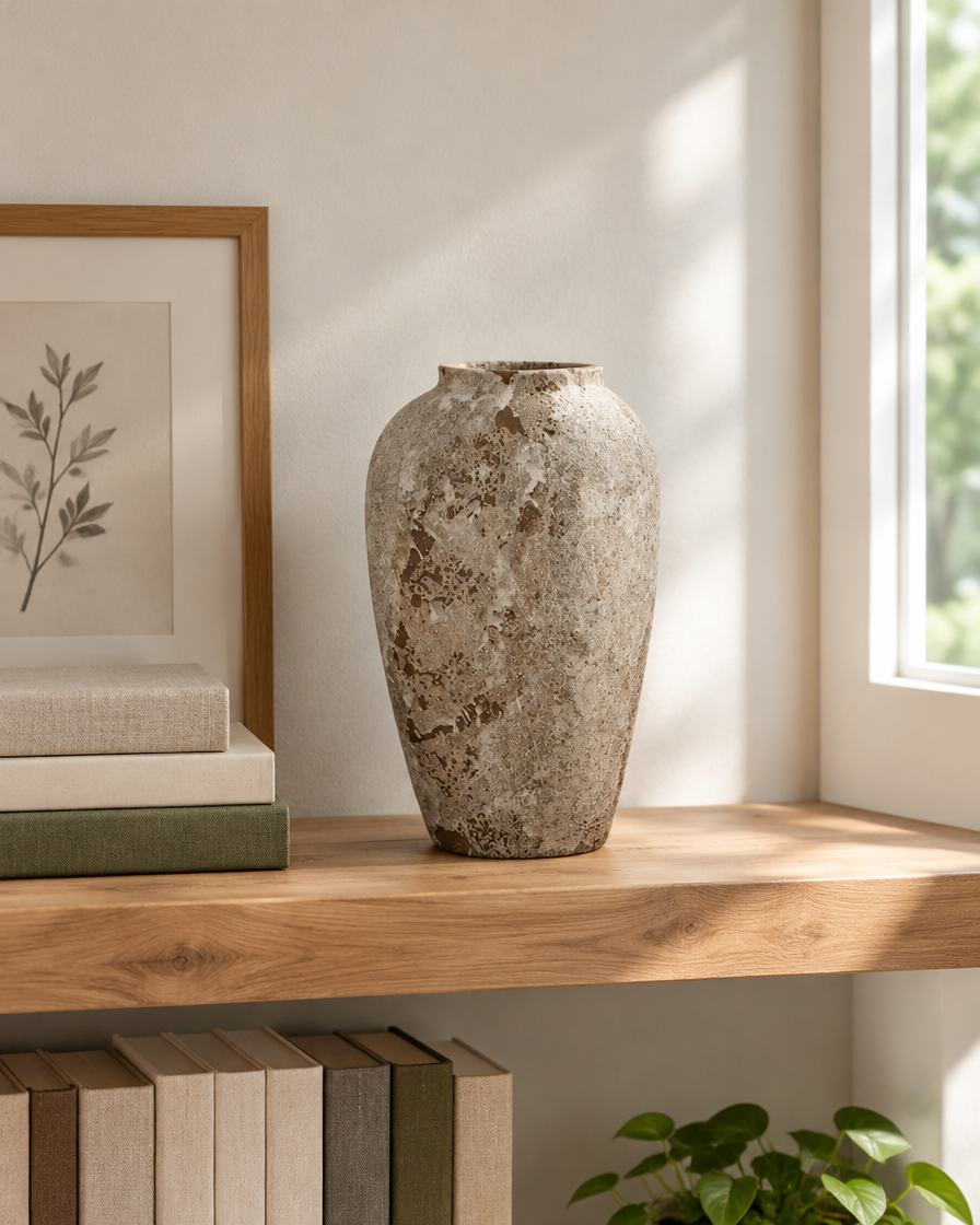 Weathered Stone-Grey Ceramic Vase on a wooden shelf