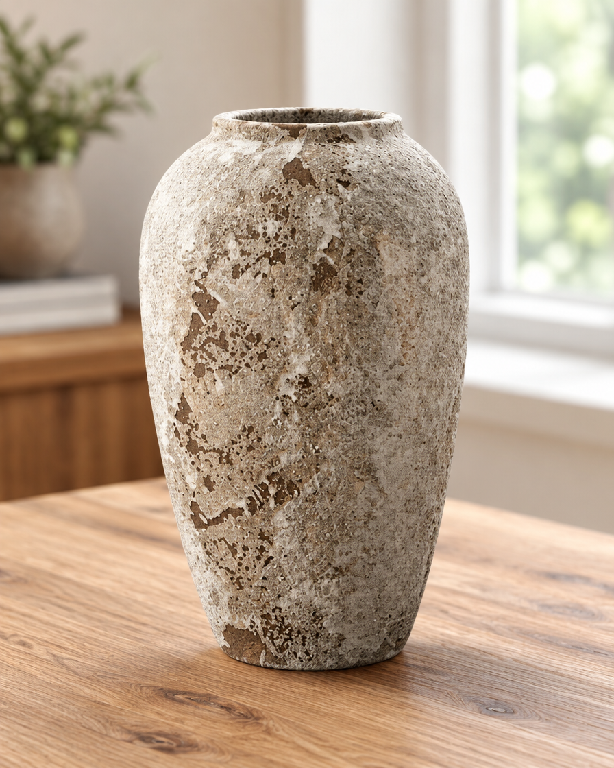 Close-up of the finish of the weathered stone-grey ceramic vase