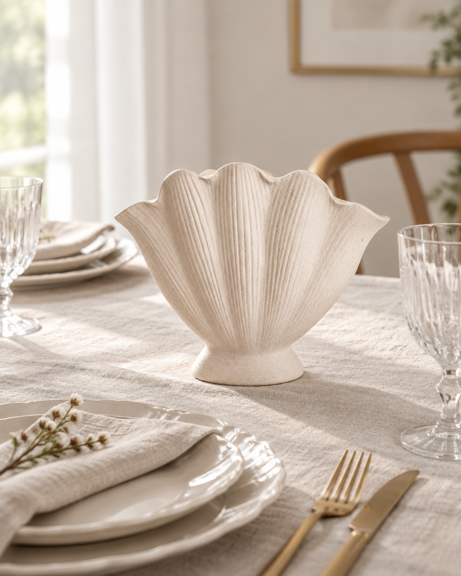 Cream Ribbed Scallop Shell Ceramic Vase on a dining table