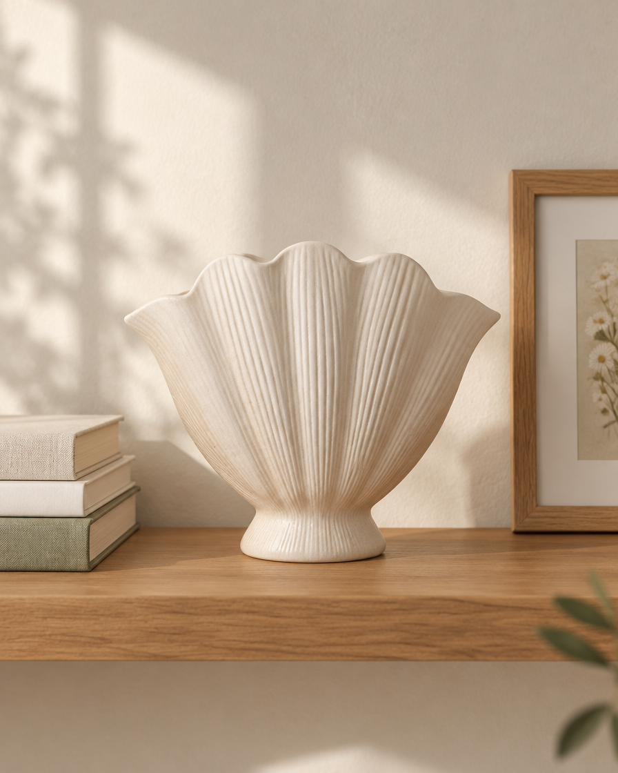 Cream Ribbed Scallop Shell Ceramic Vase on a wooden shelf