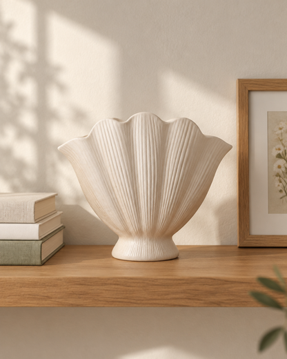Cream Ribbed Scallop Shell Ceramic Vase on a wooden shelf