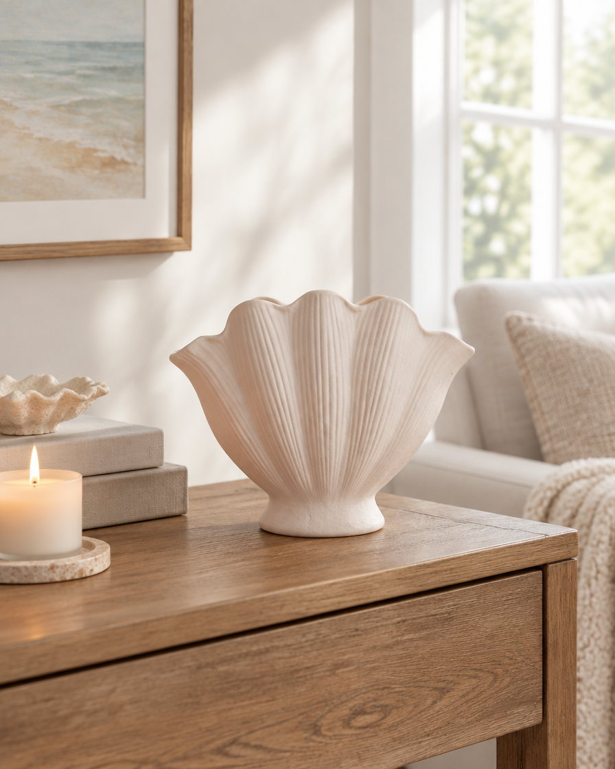 Cream Ribbed Scallop Shell Ceramic Vase on a console table
