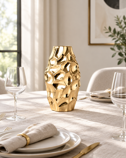 Gold Hammered-Finish Ceramic Vase on a dining table